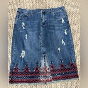 BACCINI denim midi embroidered skirt